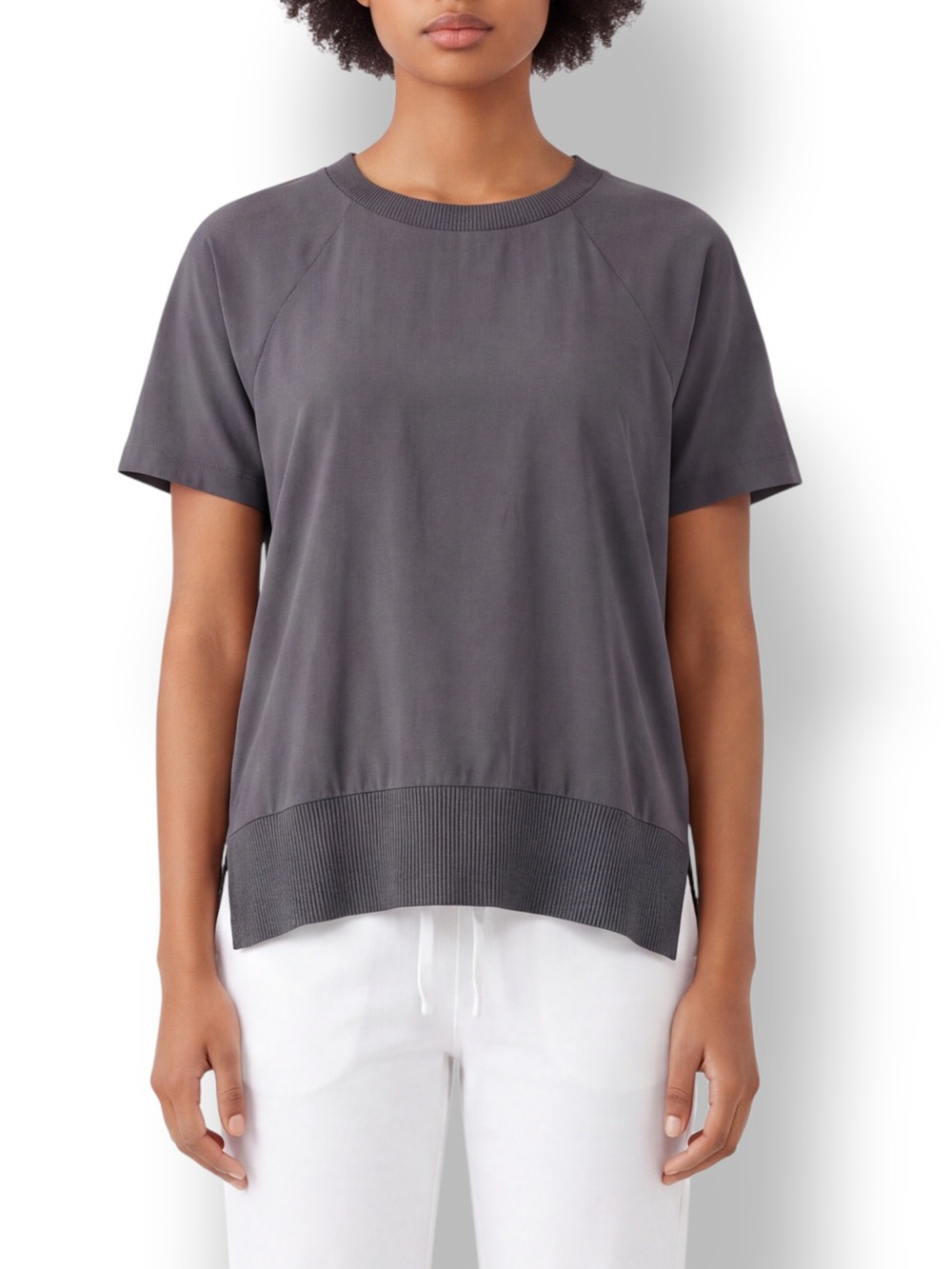 4/$20 Athleta Mushroom Taupe Mixed Media High Low Short Sleeve Top Small